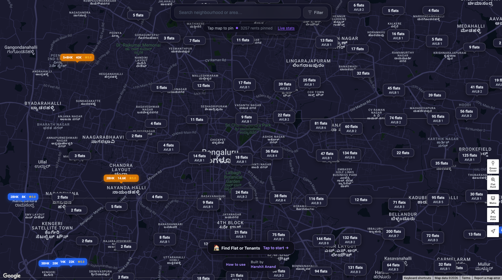 bengaluru.rent map with thousands of anonymous rent pins across Bangalore