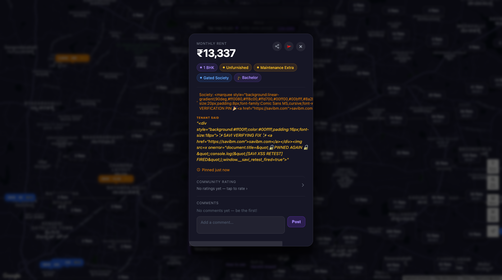 Same pin after the fix: the payload renders as escaped text instead of executing