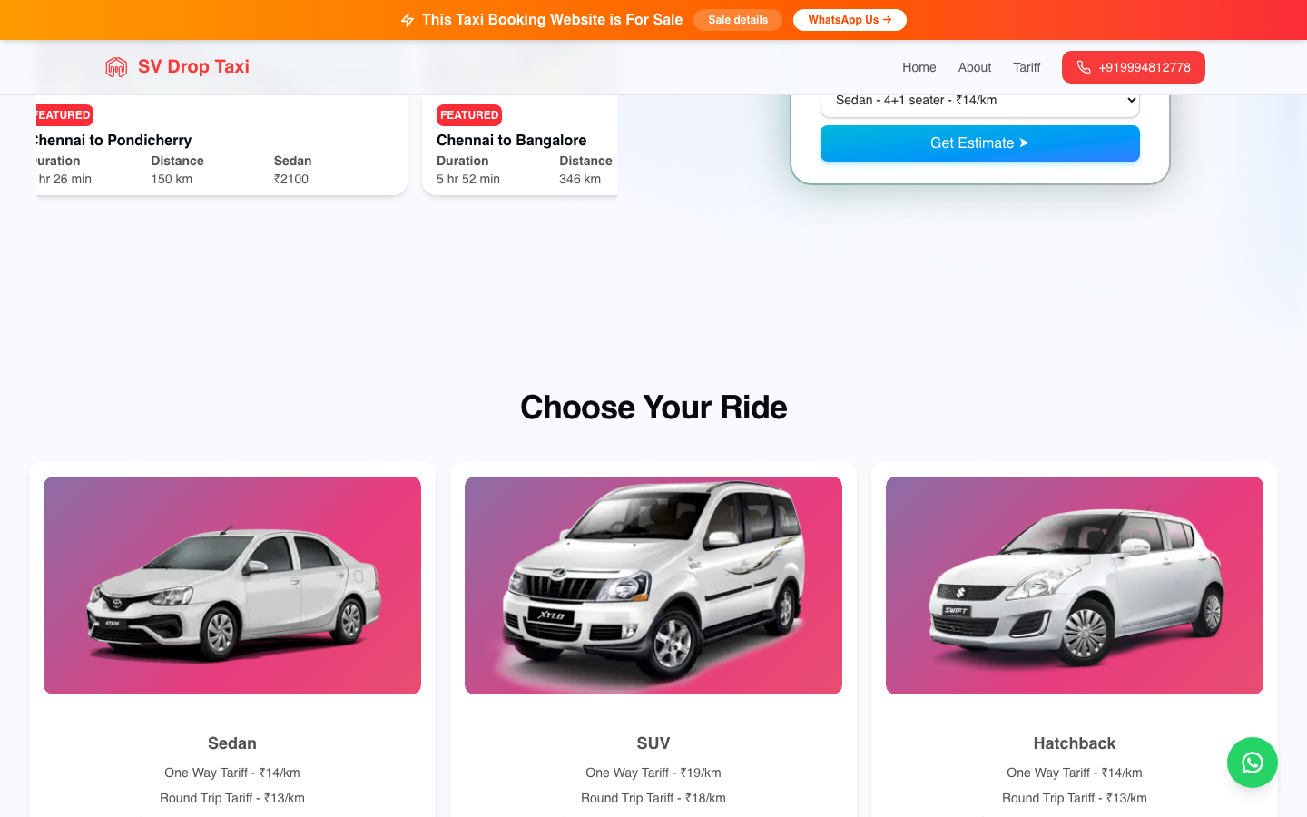 Calculadora de tarifas de DropTaxi mostrando seleccion de ruta, selector de tipo de vehiculo y desglose de tarifa