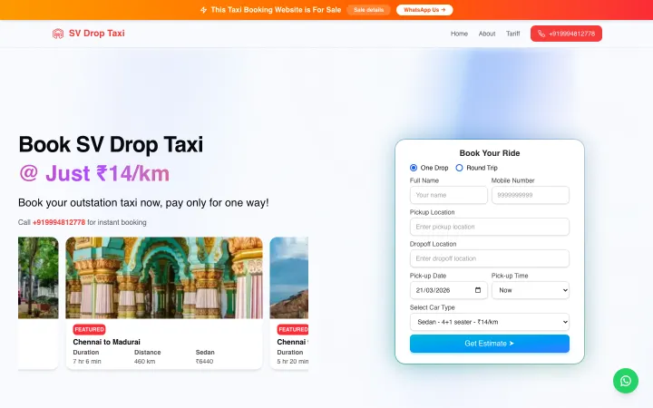Pagina de reserva de DropTaxi mostrando la calculadora de tarifas y la seleccion de ciudades