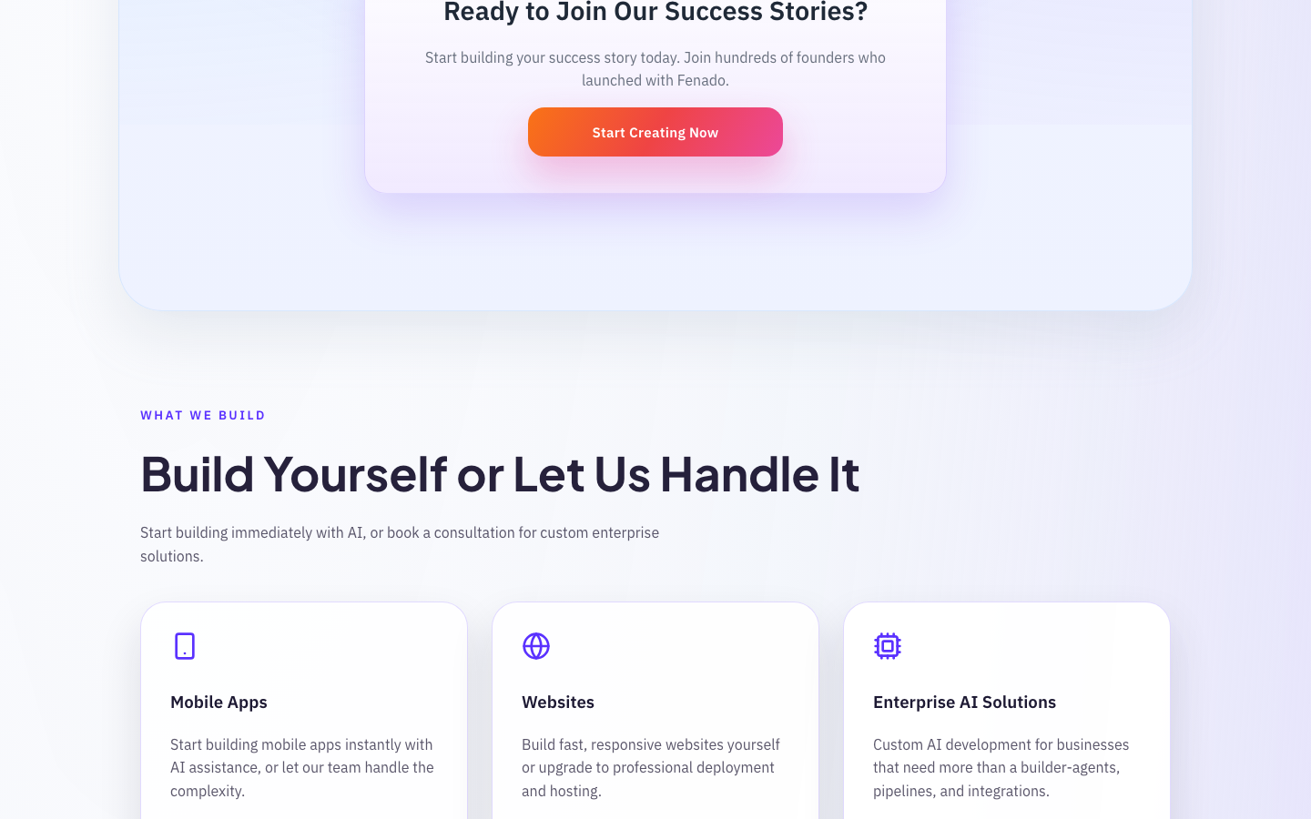 Fenado AI app builder interface showing the generation workflow