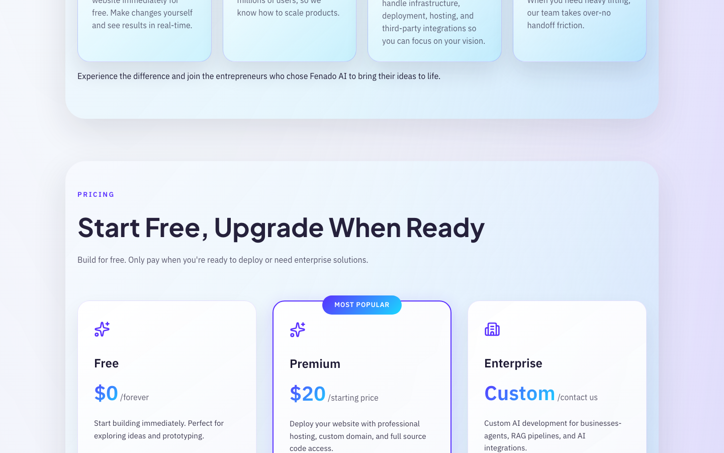Fenado AI additional platform sections showing generated application output