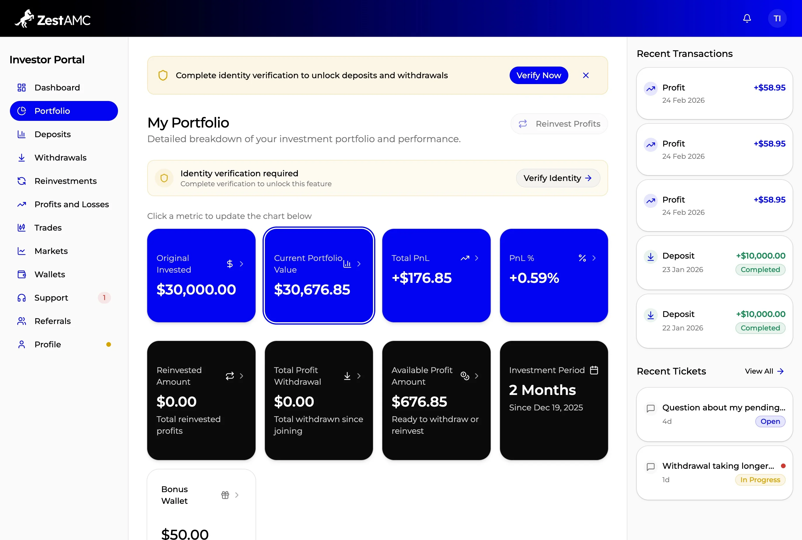 ZestAMC application dashboard showing fund management interface